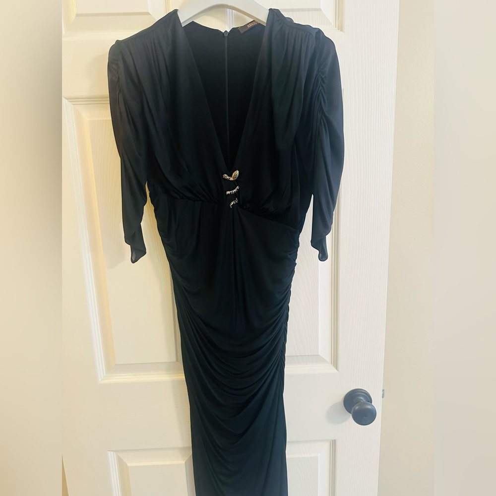 Roberto Cavalli Collection Silky Black Cocktail Dress 3/4 Sleeve Ruching Sexy